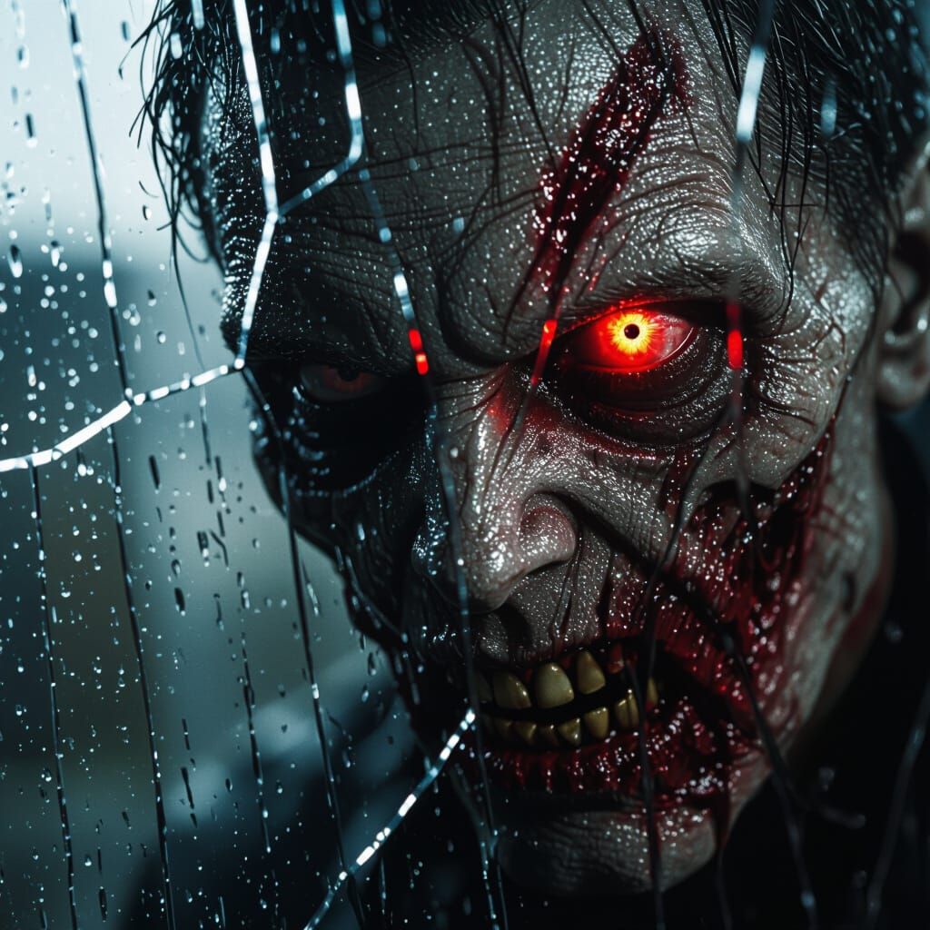 Horrifying Zombie Reflection in Shattered Glass