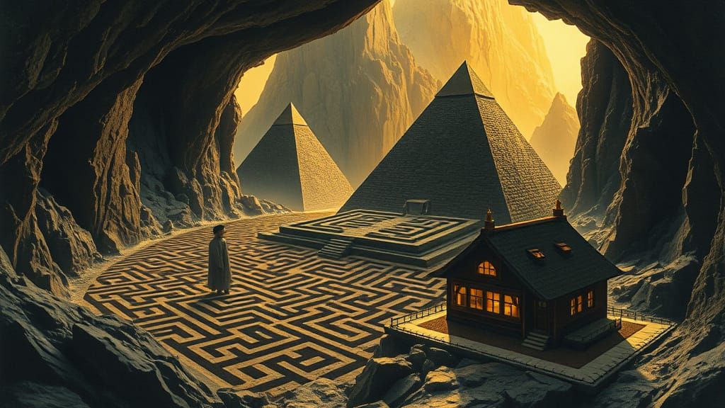 Surreal Landscape: Pyramids and Golden Accents in Zen Style