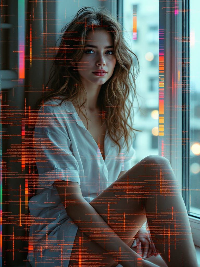 Woman on Windowsill with Digital Glitch Overlays