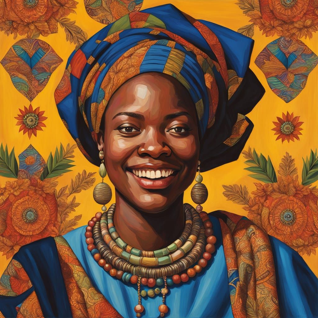 African Woman in Vibrant Traditional Attire, Radiant Smile