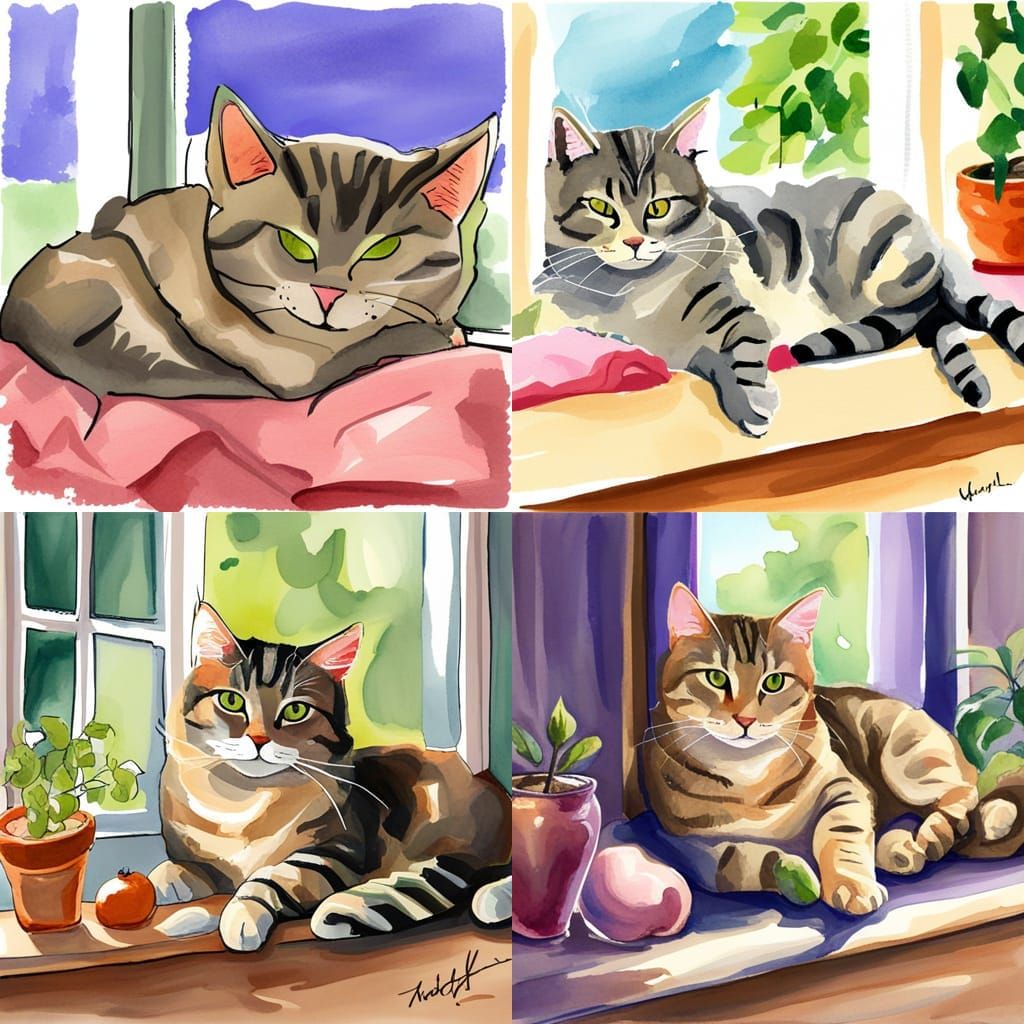 Watercolor Clipart of Gray Tabby Cat Sleeping