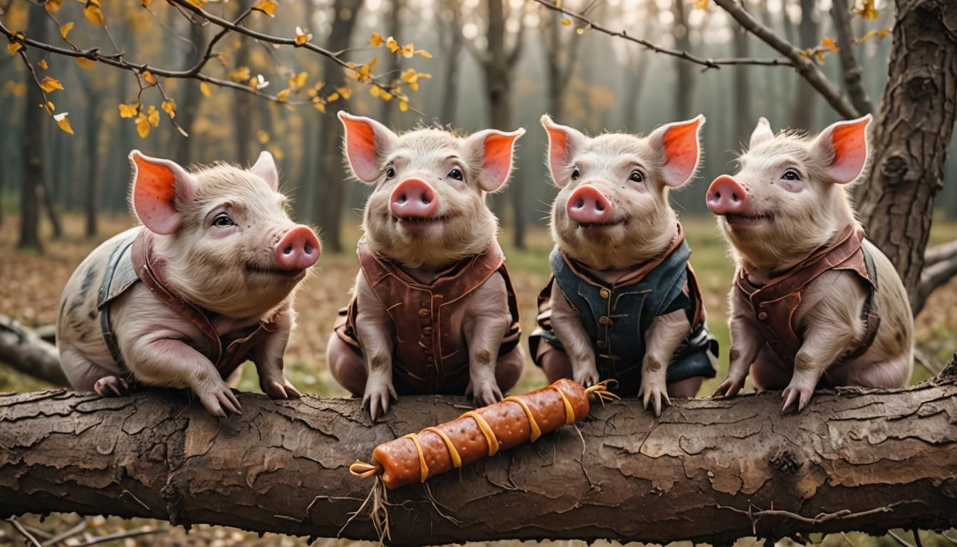 Cheerful Pigs Eating Sausage on a Tree