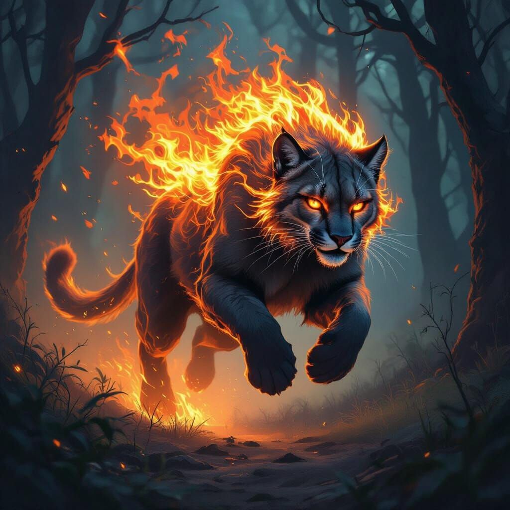 Fiery Puma Leaping Through Dark Forest in Fantasy Art Style