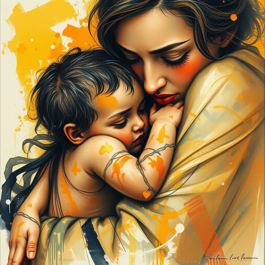 Child's Loving Embrace: Impressionist Portrait