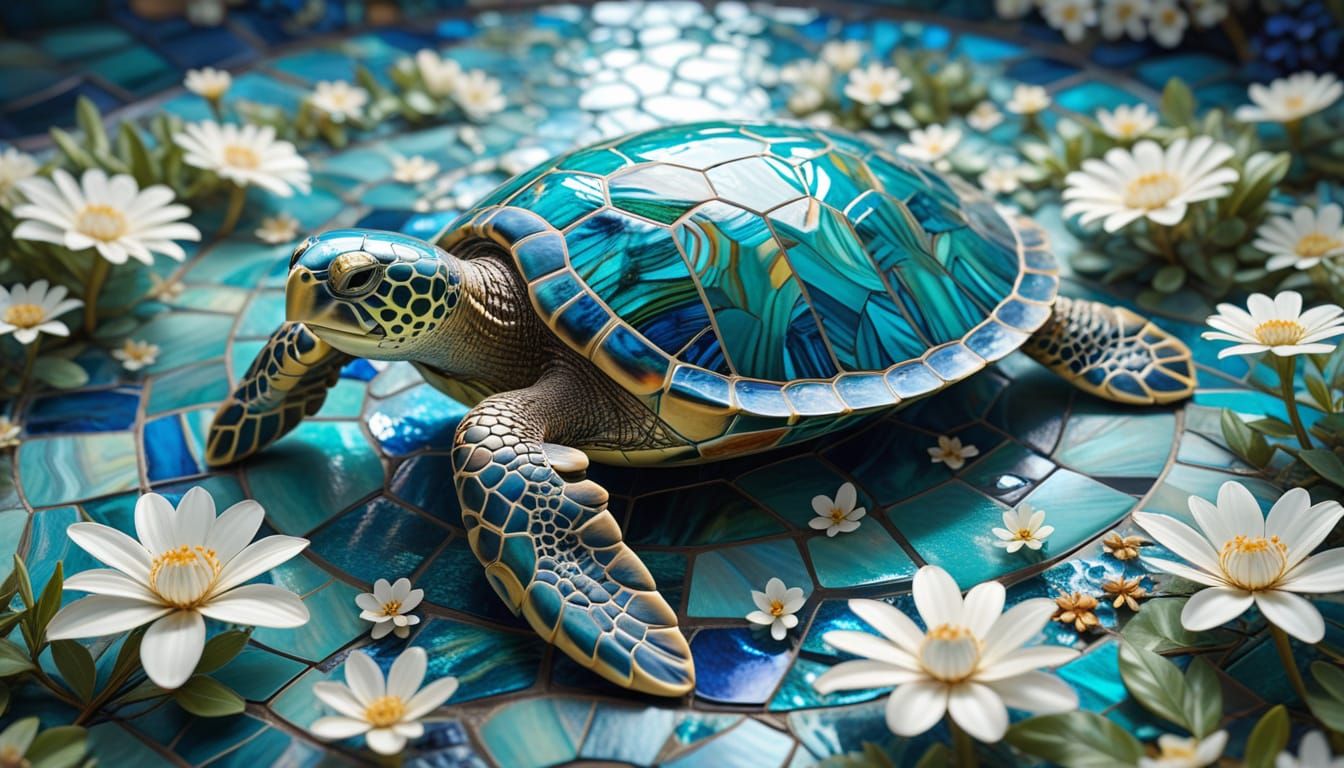 Mosaic Sea Turtle in Stained Glass Style