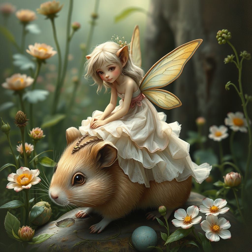 Whimsical Fairy Rides a Hamster in Fantasy Art