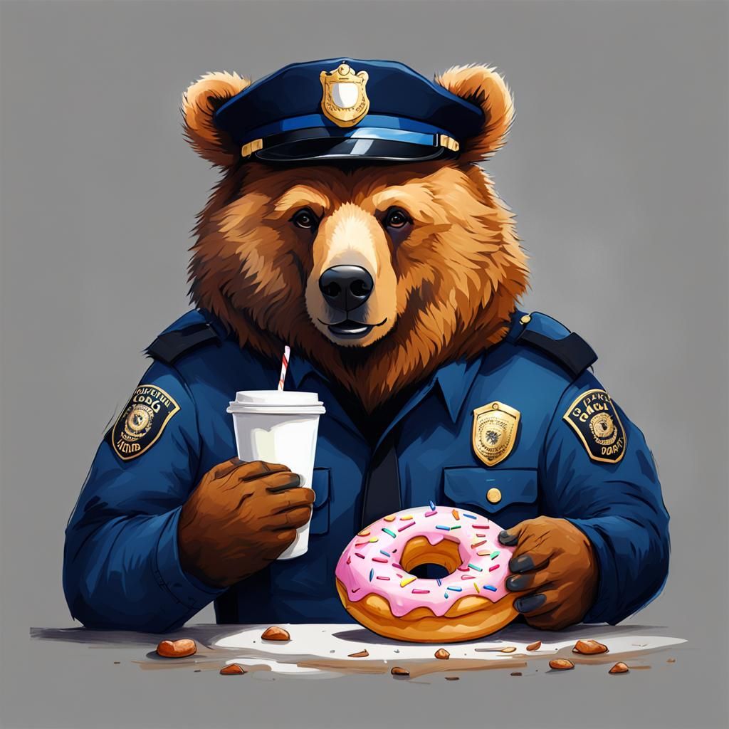 Bear Police Officer Eating Donut, Realistic Drawing