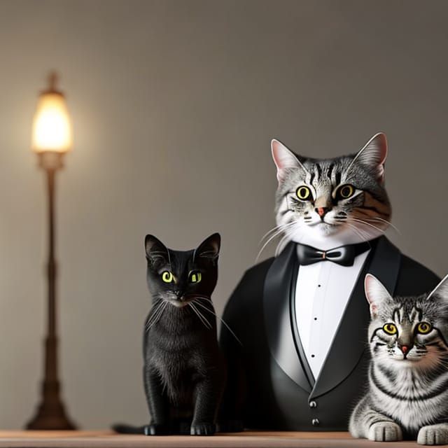 Cats in Tuxedo and Bow: Hyperrealistic Portrait