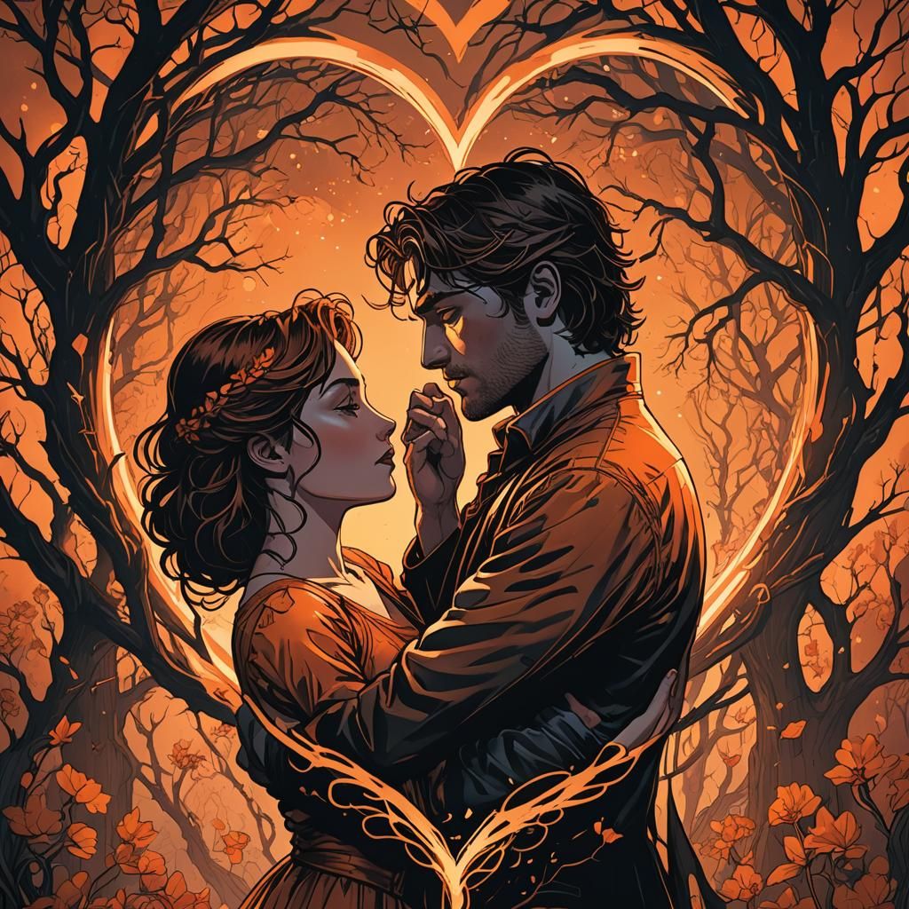 Passionate Lovers Embrace in Heart Silhouette, Comic Art
