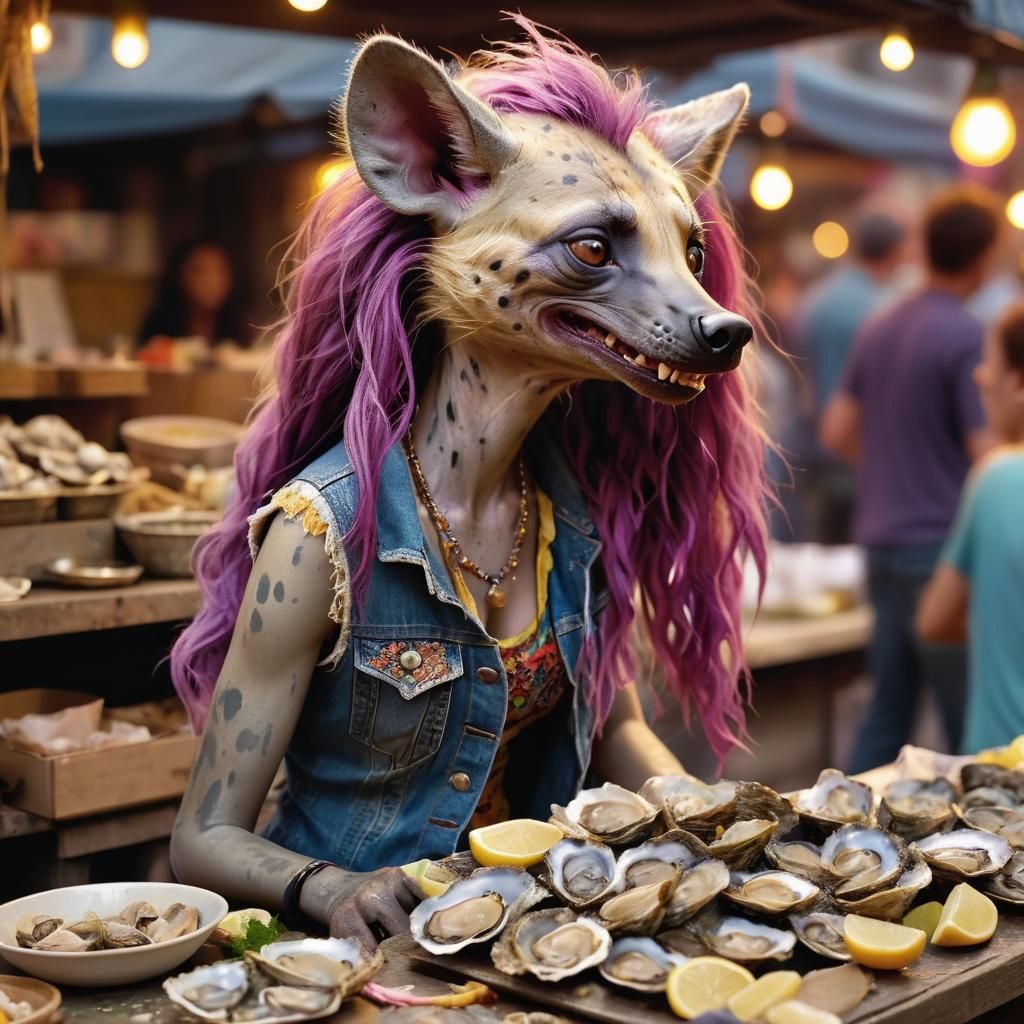 Anthropomorphic Hyena Enjoys Oysters: 3D Animation