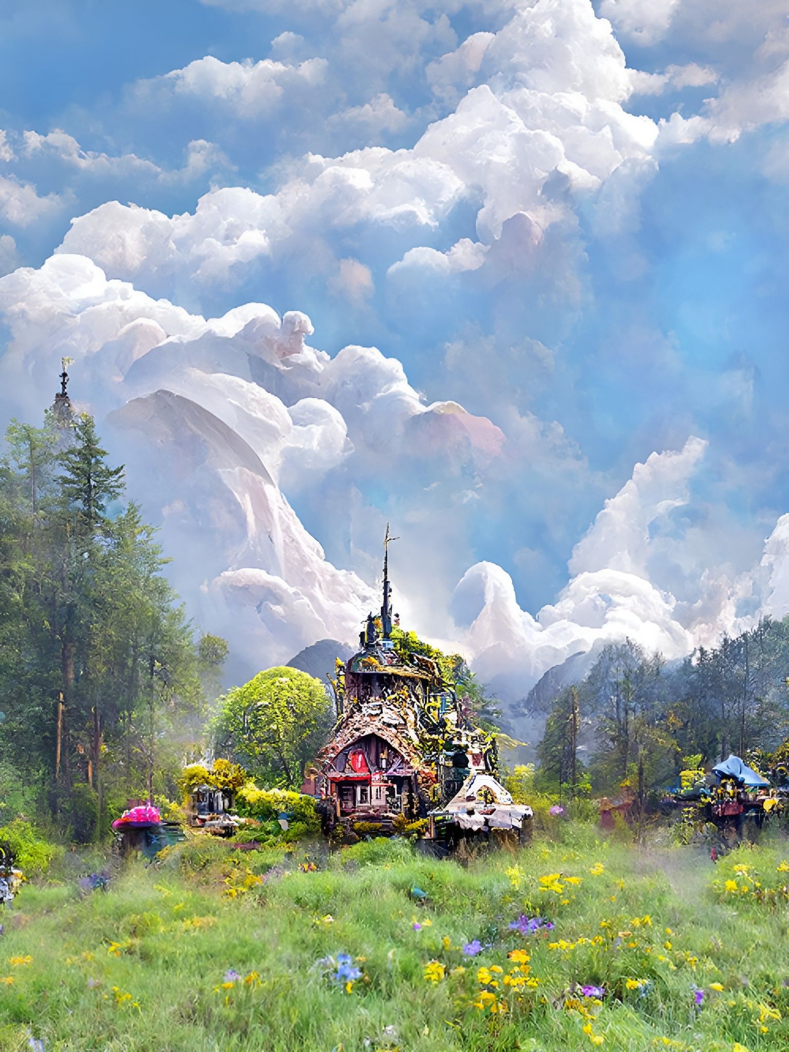 Fairytale Cabin Village with Auroras, Digital Art