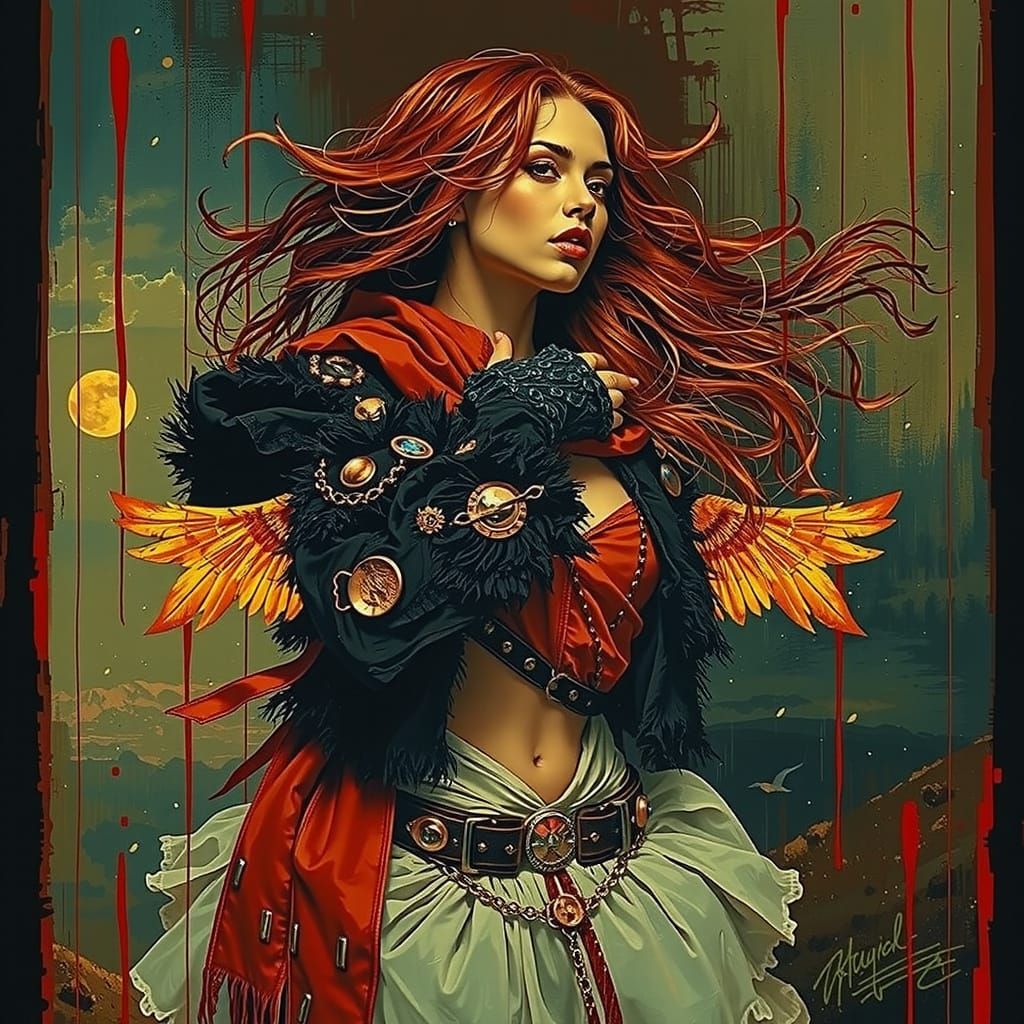 Woman in Tattered Luxury on Windswept Moor at Twilight, Oil ...