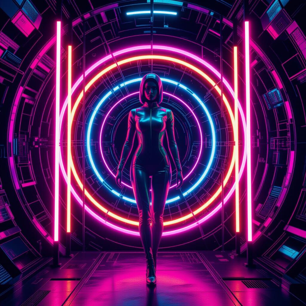 Psychedelic Figure Surrounded by Glowing Rings, Digital Art