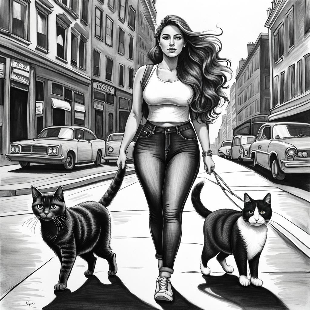 Woman Walking with Cat: Hyperdetailed Charcoal Drawing