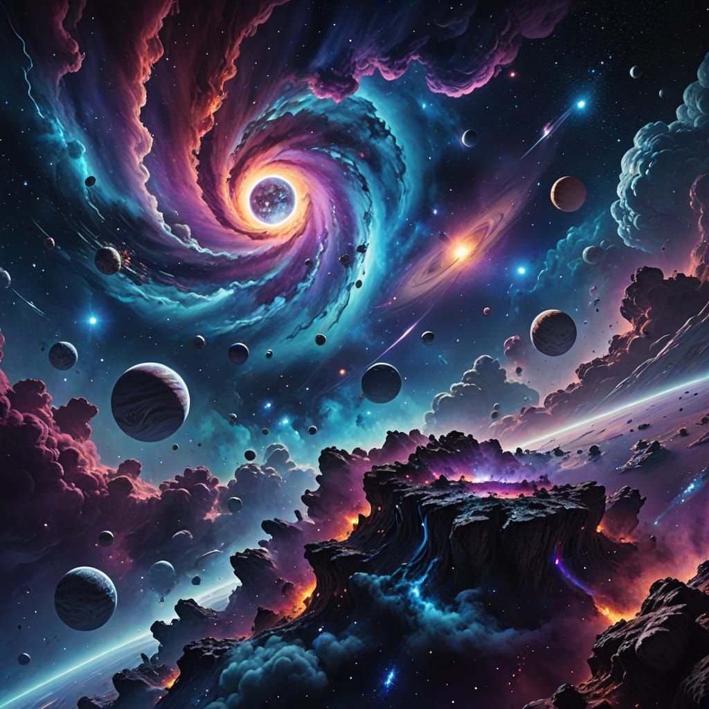 Cosmic Surrealism: Planets Falling Through Vibrant Nebula