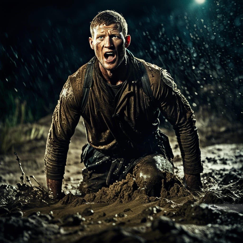 Man Trapped in Quicksand: Cinematic Film Still