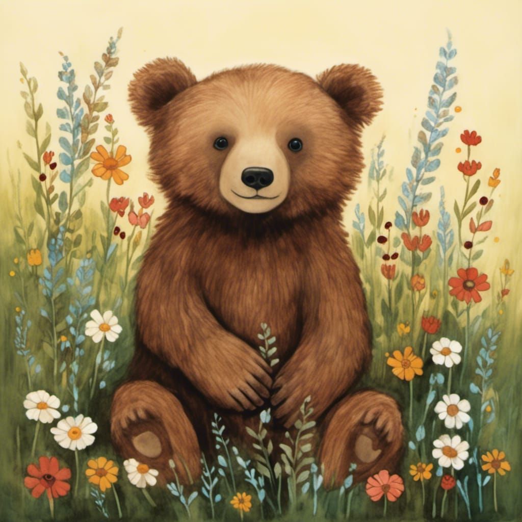 Brown Bear Cub in Wildflower Meadow, Storybook Style