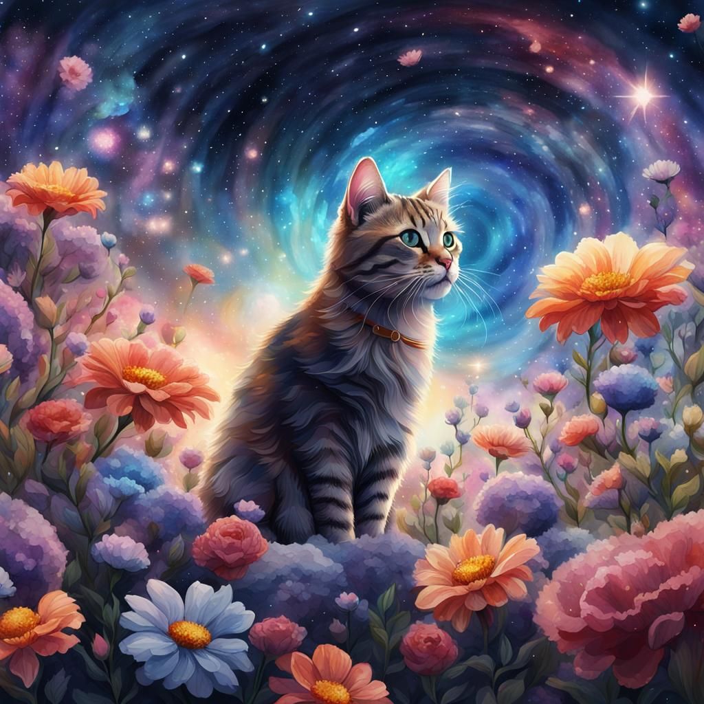 Watercolor Galaxy Cat Surrounded by Flowers