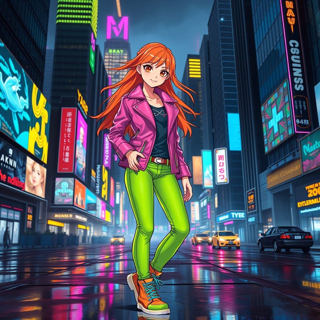 Cyberpunk Goddess in Edgerunner Attire, Neon Cityscape