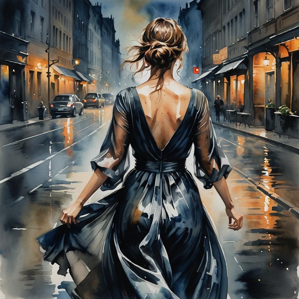 Woman in Silk Dress Running: Watercolor Gouache Painting