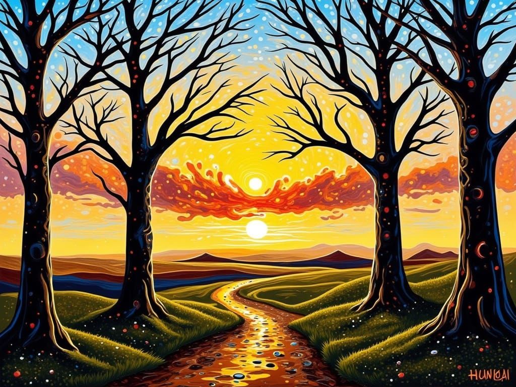 Impressionistic Sunset Landscape with Winding Path