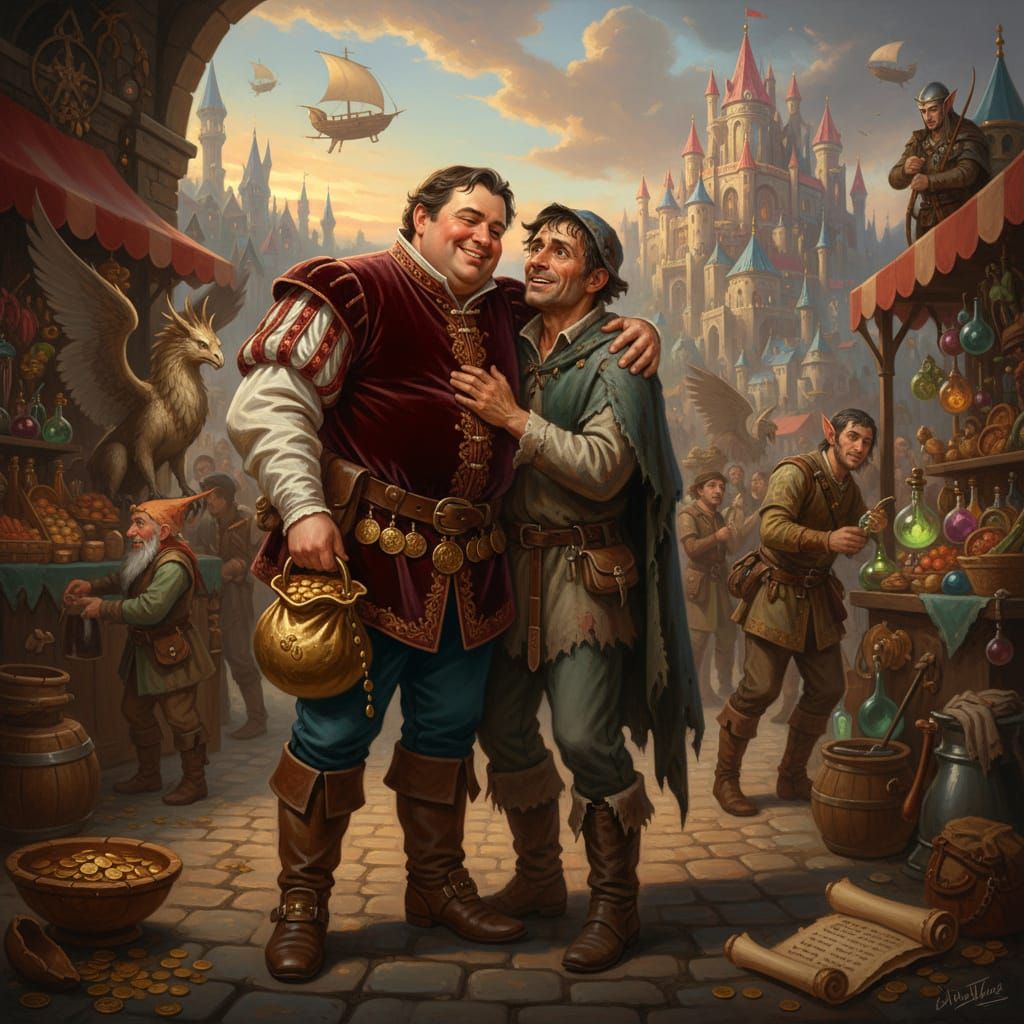 Fantasy Merchant Hugs Beggar in Generous Illustration