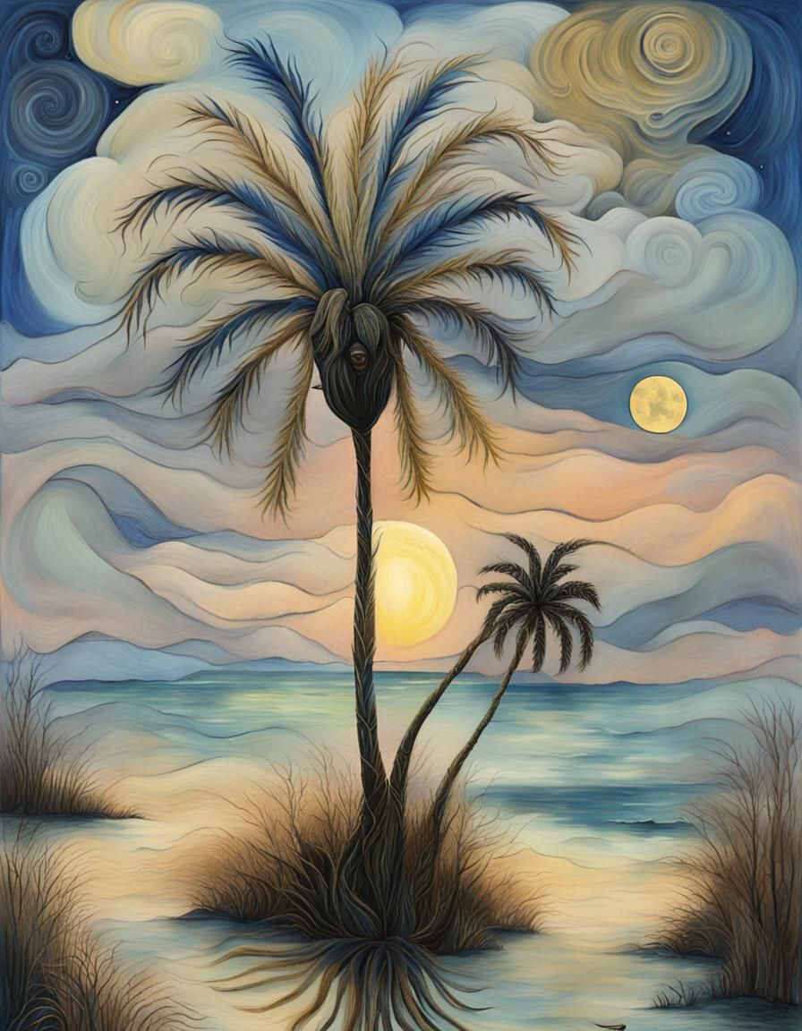 Surreal Palm Tree Under Moonlight, Art Brut Style