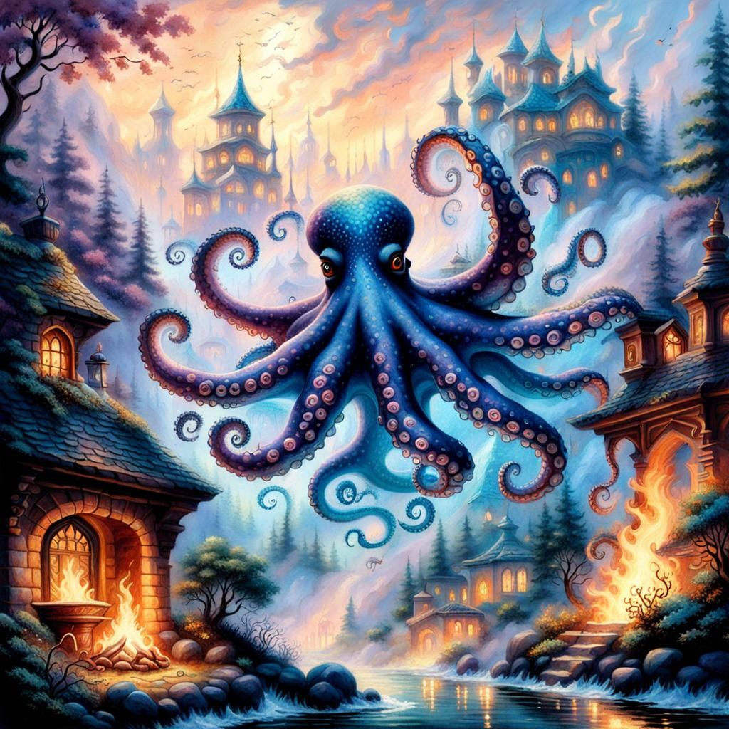 Ethereal Octopus Leaping Over Fire in Fantasy Landscape