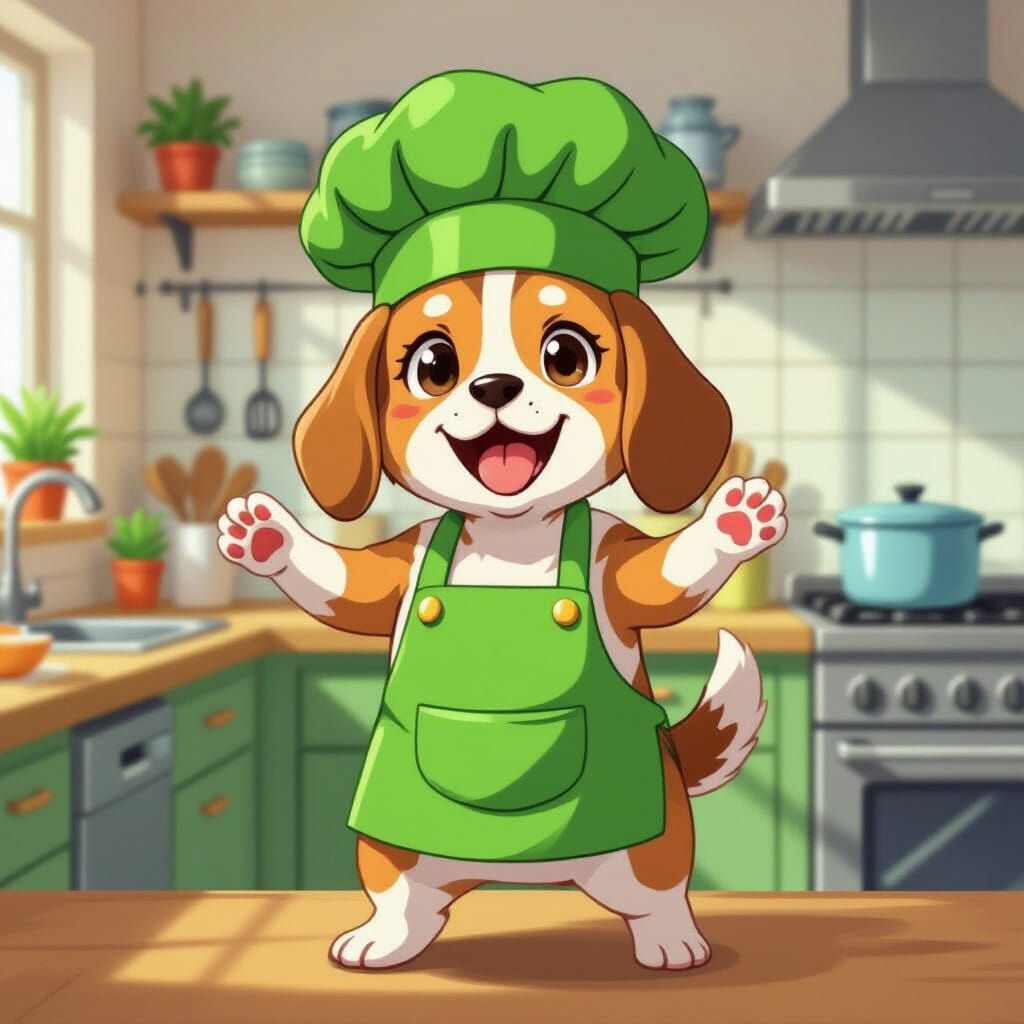 Beagle Chef in Lively Kitchen: Anime-Cartoon Style