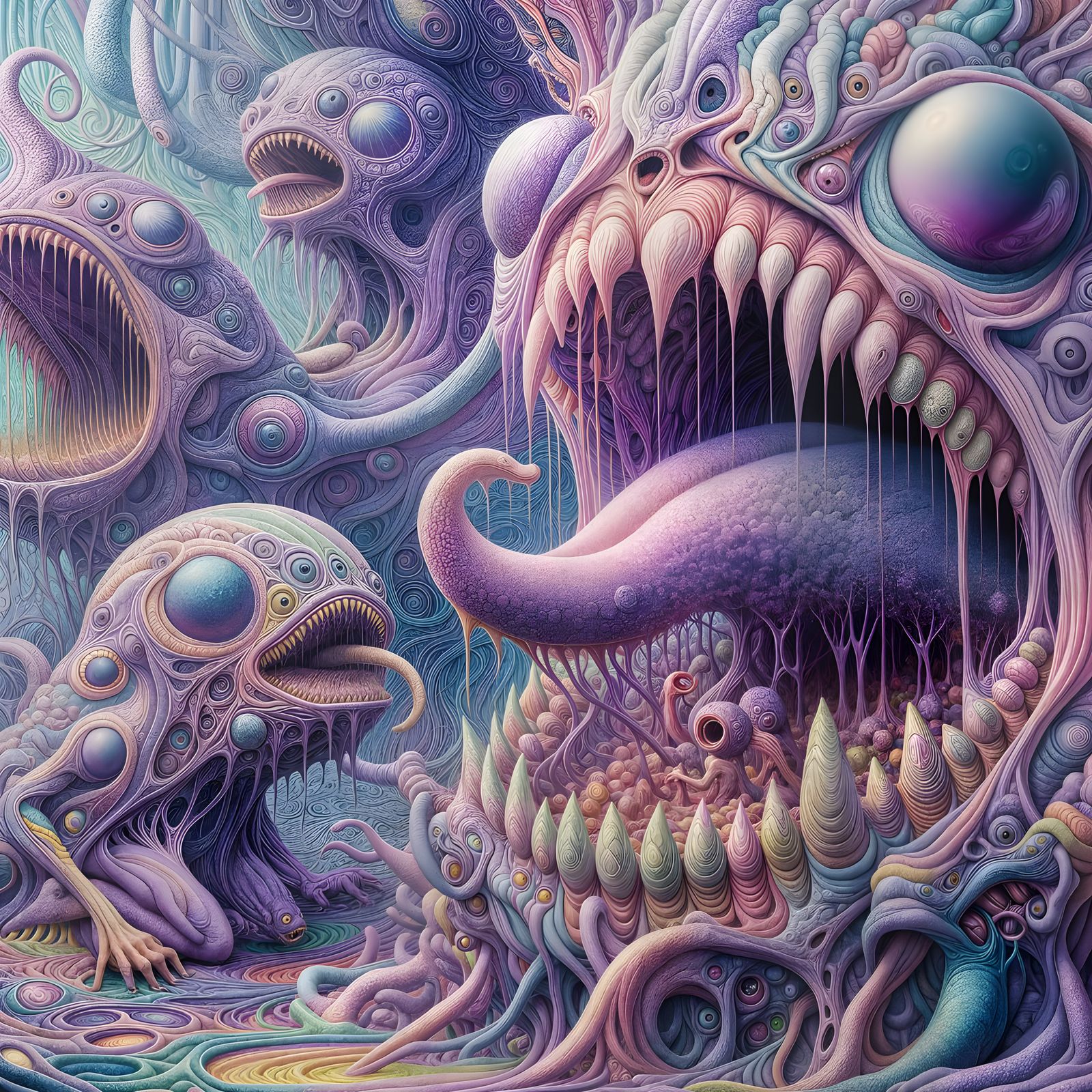 Surreal Creatures Engage in Chaotic Feast in a Dreamlike Lan...