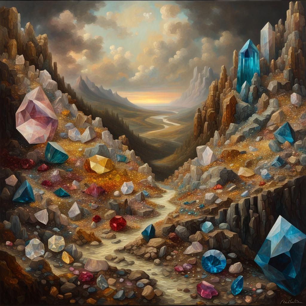 Surreal Crystal Landscape in Chiaroscuro Oil Painting Style