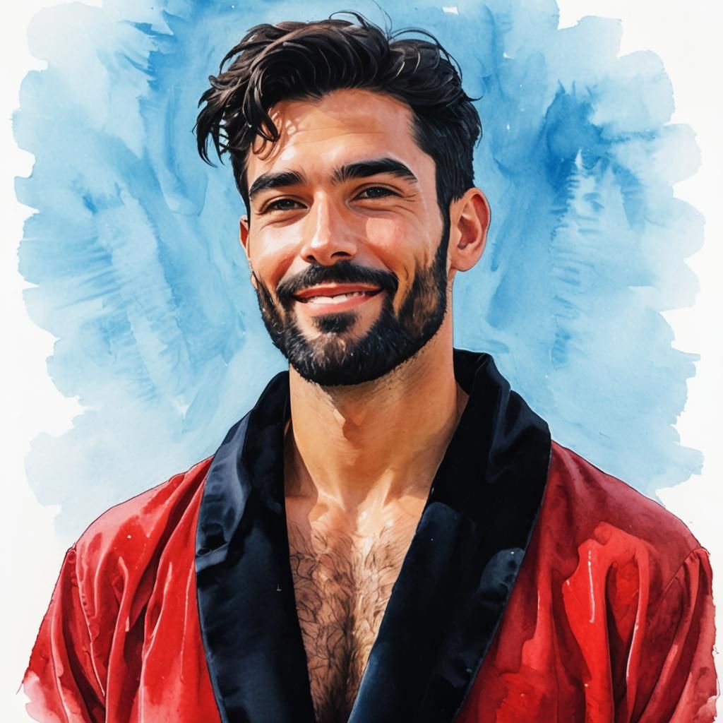 Attractive Man in Red Velvet Robe, Impasto Painting