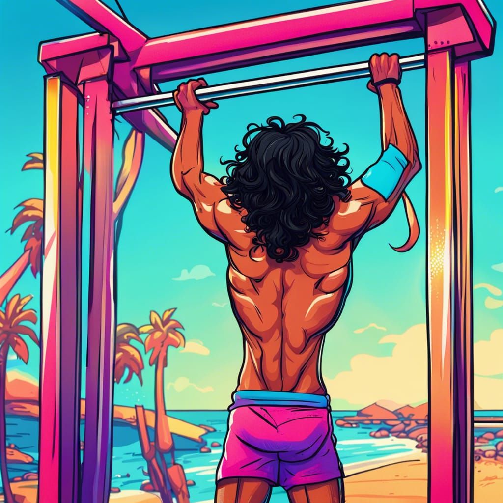 Noir Anime Man Doing Pull-Ups on Beach