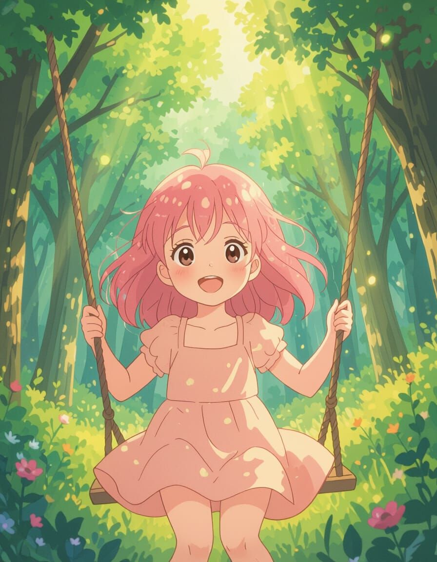 Girl Swinging in Sunlit Anime Forest