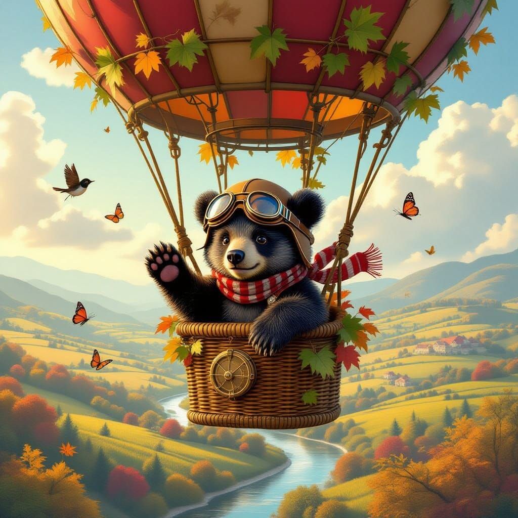 Steampunk Bear Cub Soaring in Hot Air Balloon