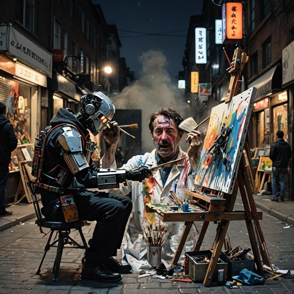Robot Assaulting Artist in Violent Night Street Scene