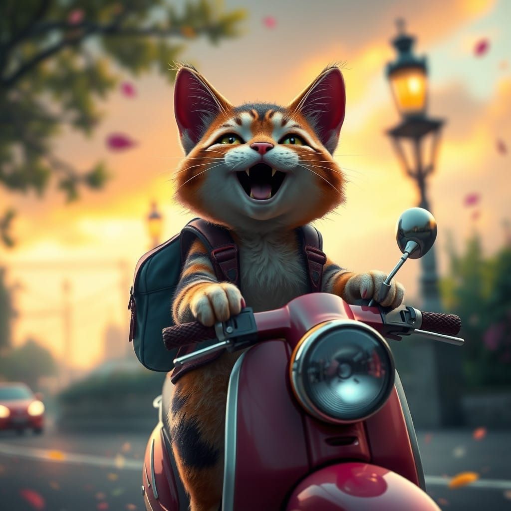 Whimsical Cat Rides Scooter in Dreamlike Landscape