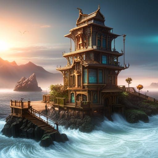 Robot Builds Ocean Homes: Detailed Fantasy Art