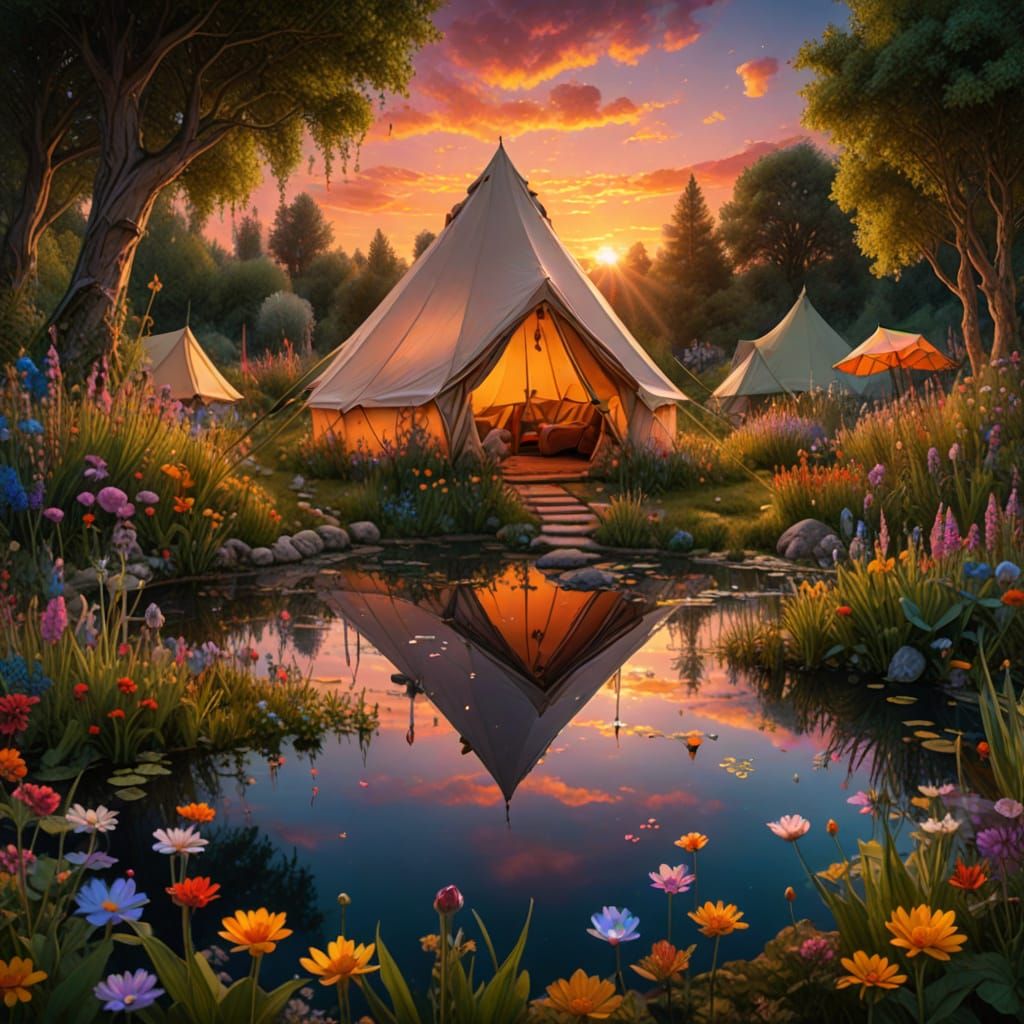Vibrant Sunset Wildflower Garden with Tent and Pond