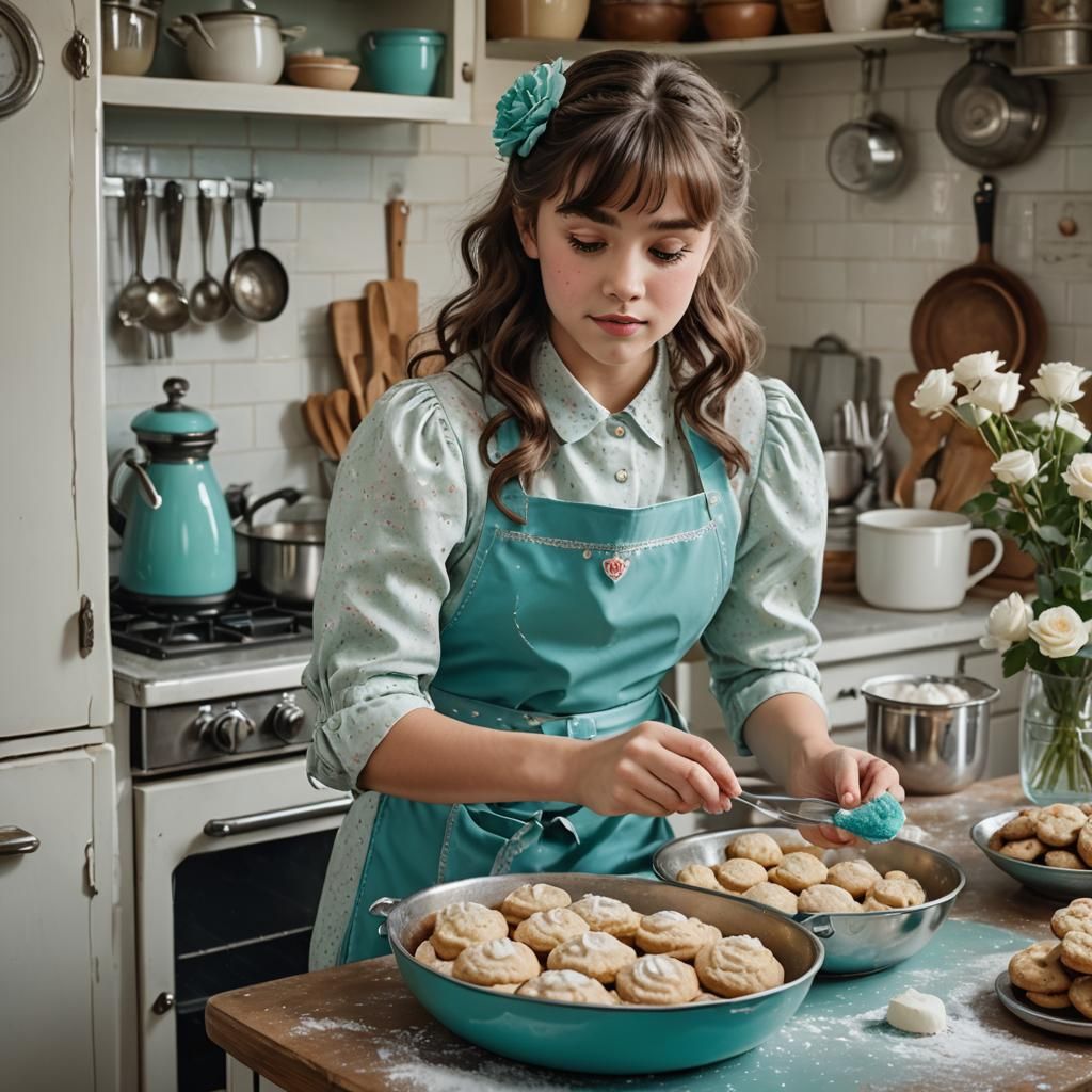Girl Baking Cookies in Vintage Kitchen, Matte Painting