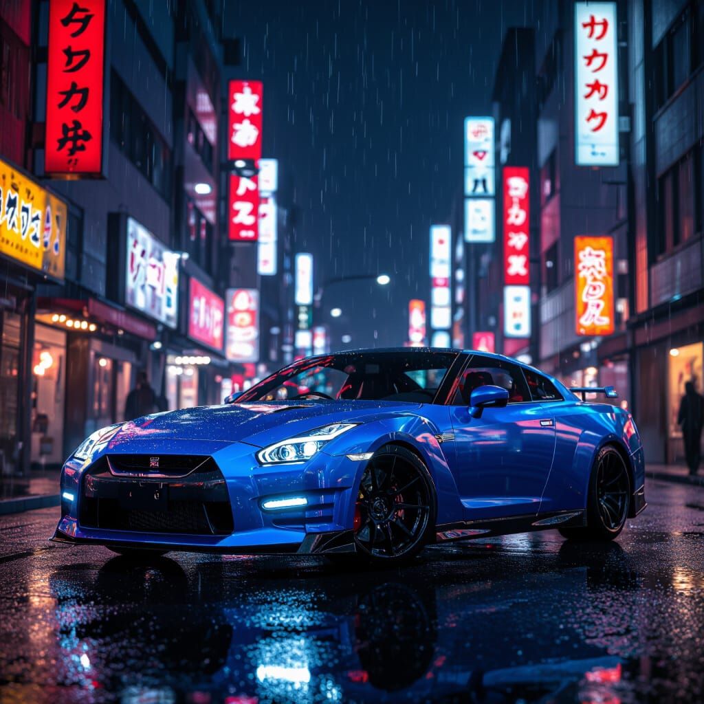 Nissan Skyline R35 on Tokyo Street at Night