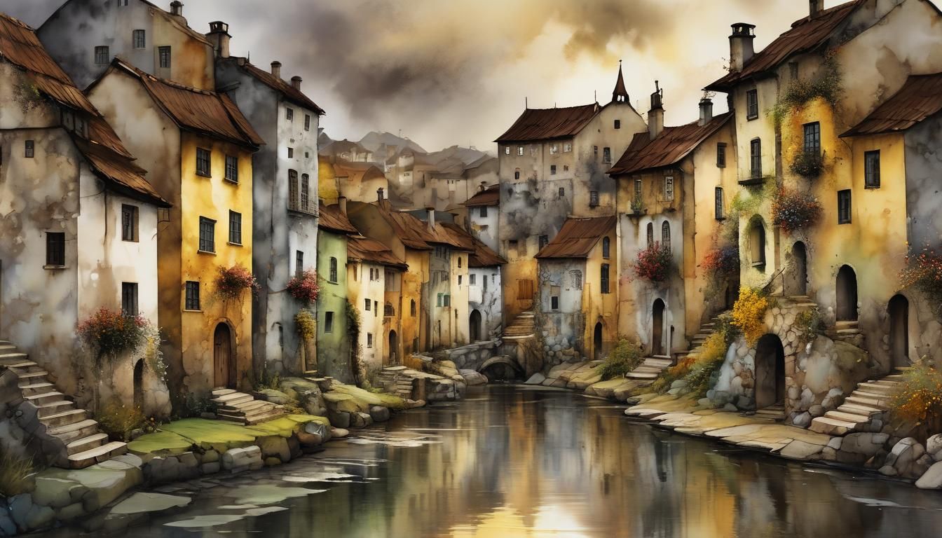 Charming Stone Town in Alcohol Ink Style