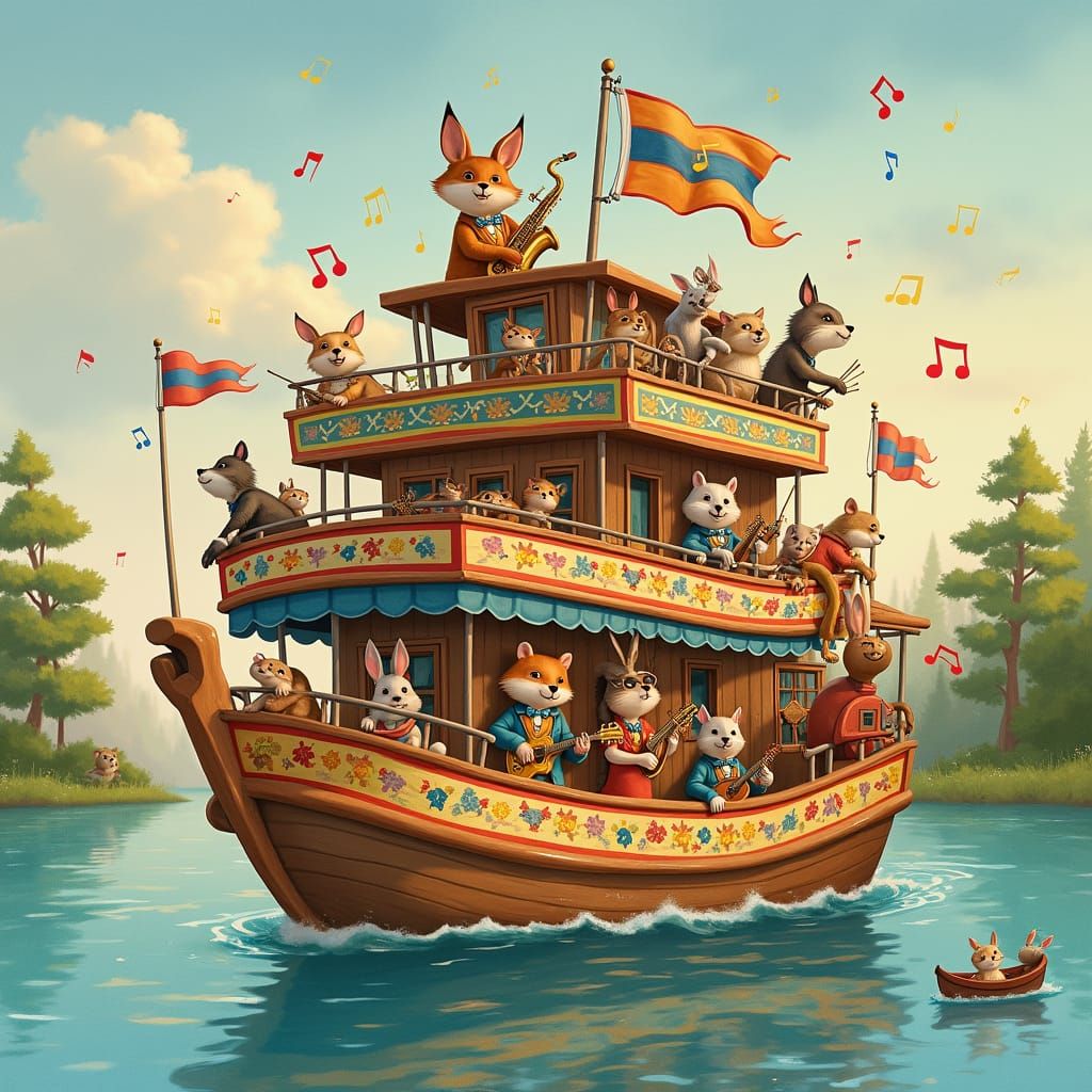 Whimsical Animal Orchestra on Double-Decker Boat