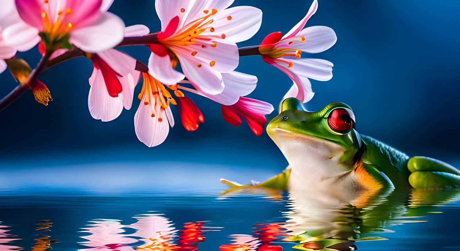 Cherry Blossoms and Frog in Reflected Light