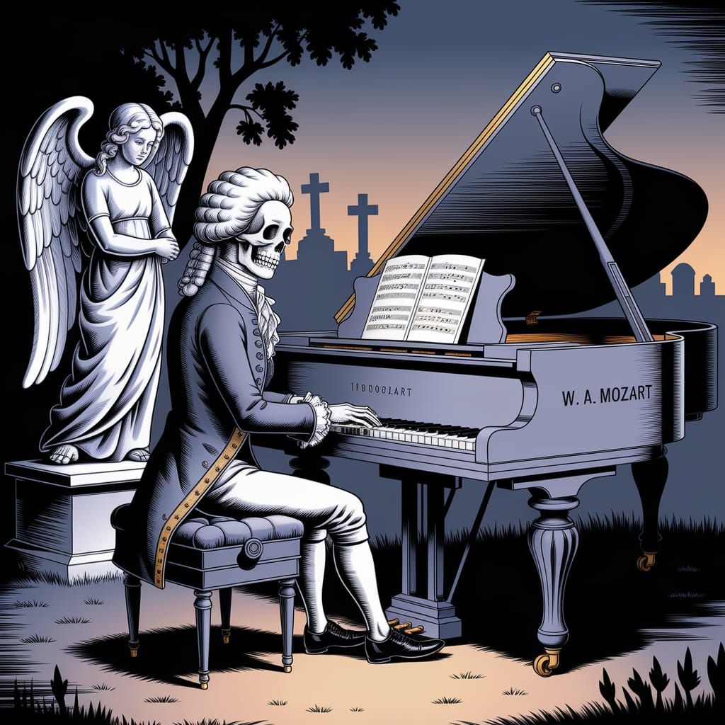 Skeleton Playing Piano in Cemetery, Macabre Engraving