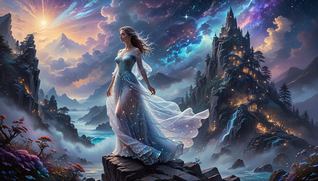 Ethereal Woman Watches Celestial Wonders on Foggy Rocks in D...