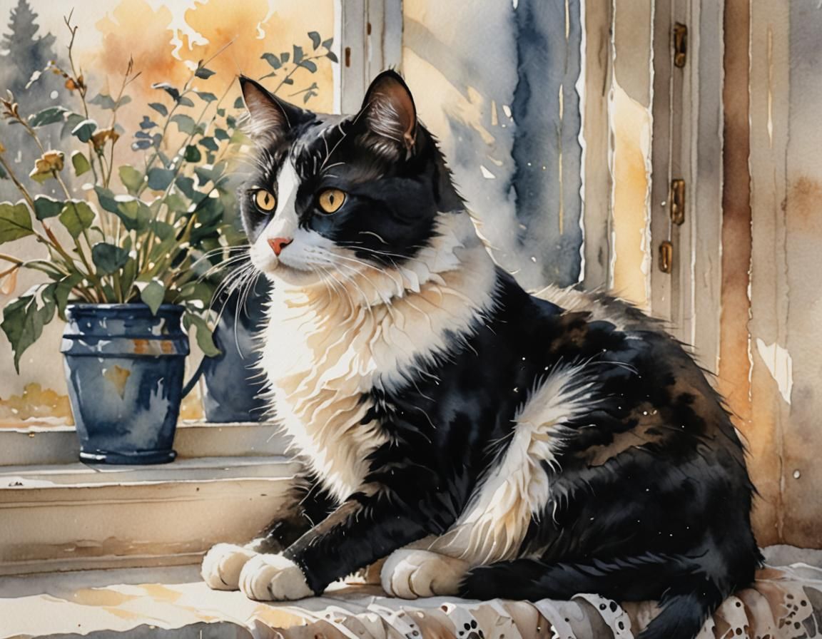 Watercolor Cat Portrait with Golden Light