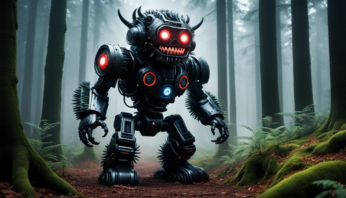Fluffy Cyborg Monster in Foggy Woods