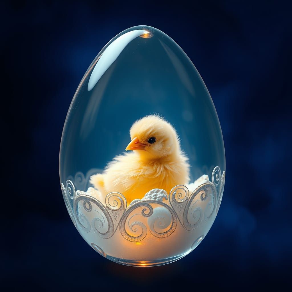 Crystal Clear Egg with Hatching Chick in Enchanted Fantasy R...