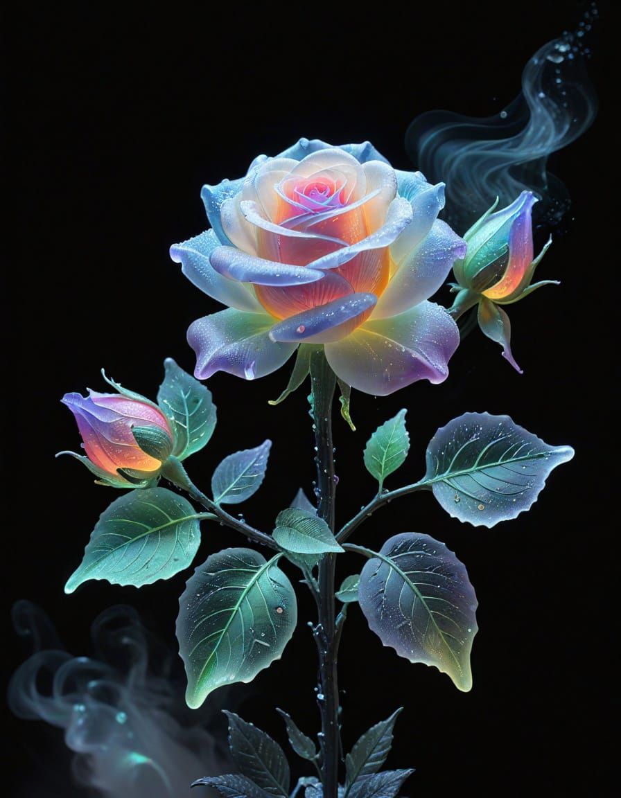 Sea Glass Rose Sculpture with Iridescent Rainbow Glow